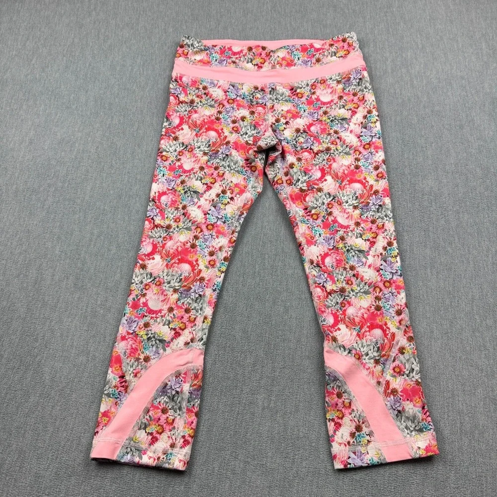 Lululemon Womens Leggings 6 Pink Flowabunga Mini Crop II Run Inspire 22" Yoga - Picture 1 of 14